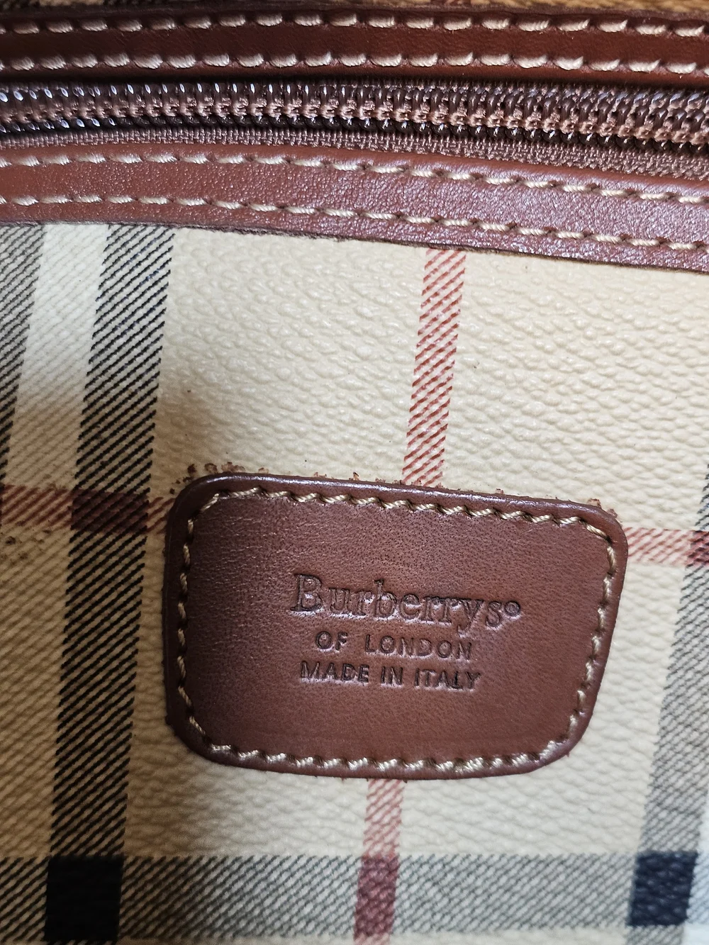 #548-Burberry Tan Beige Check Canvas Duffel with Brown Leather Trim size 45